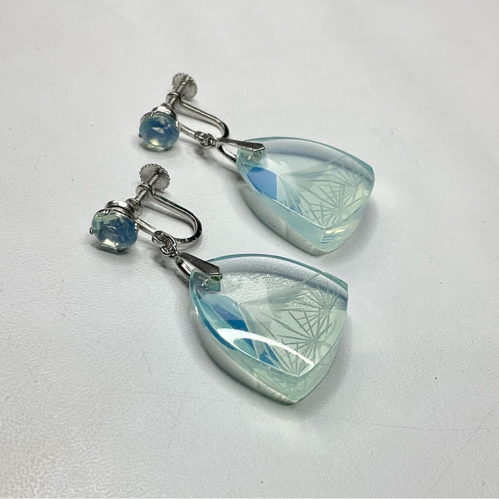 Art Deco Sterling Opaline Glass Earrings Japan Carved Scene